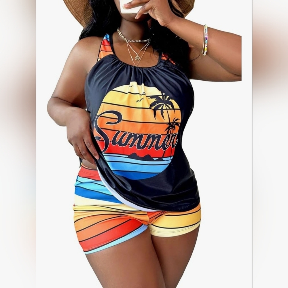 Vibrant Colorful Tankini Top Boy Short Bottom "Summer" Palm Tree Graphic🌴🌞 1XL